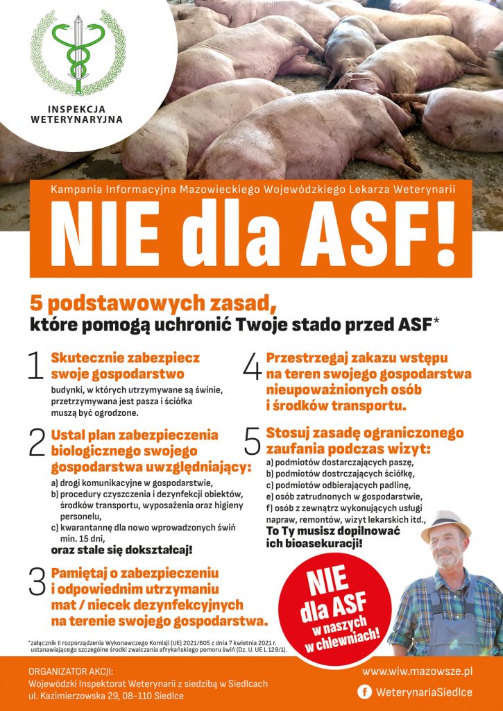 Plakat informacyjny w ramach kampanii informacyjnej „Nie dla ASF 5 podstawowych zasad ktore pomoga uchronic Twoje stado przed ASF