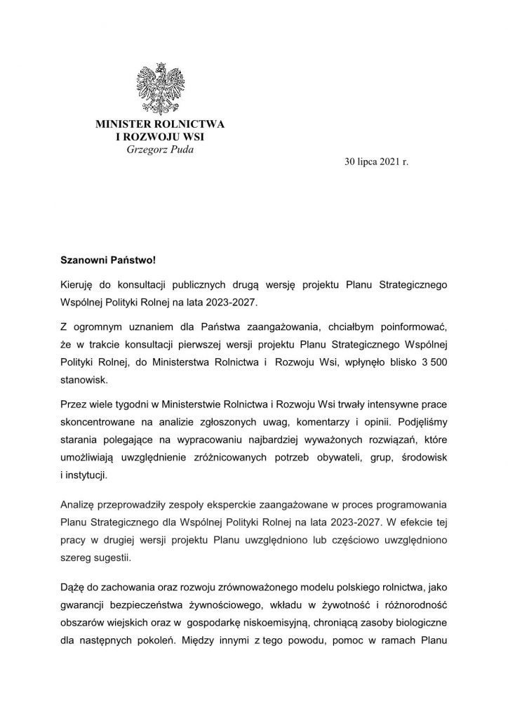 pismo Ministra Pudy zapraszajace do konsultacji II etapu PS WPR 1