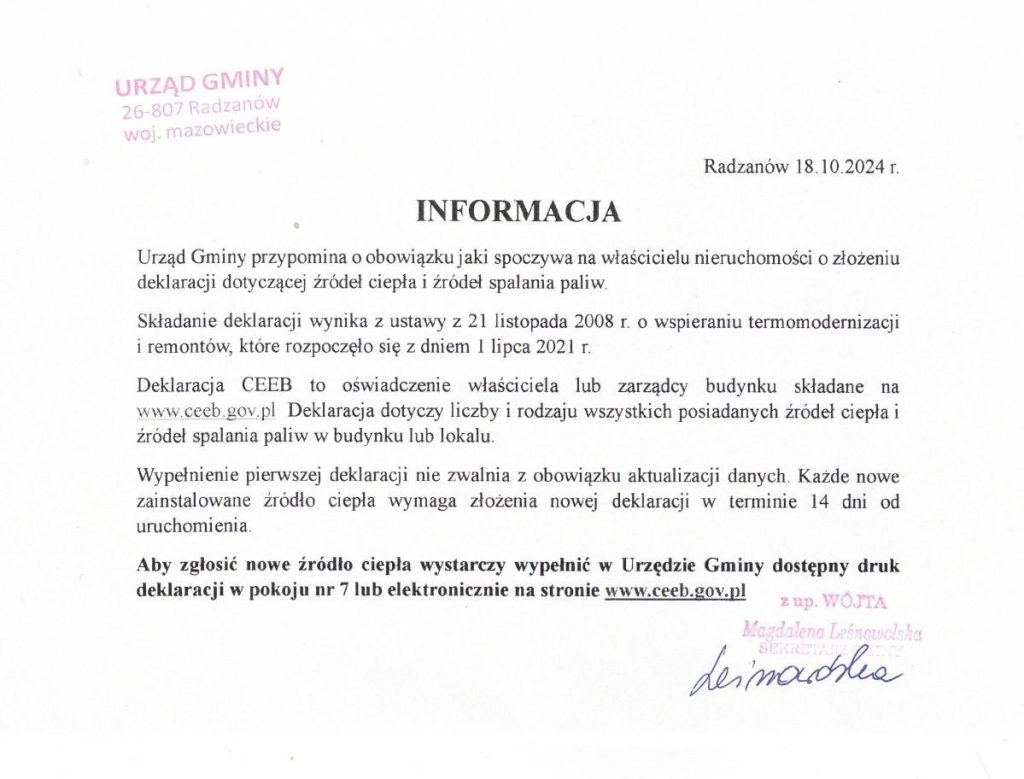 Informacja o zglaszaniu wymienionych zrodel ciepla 1